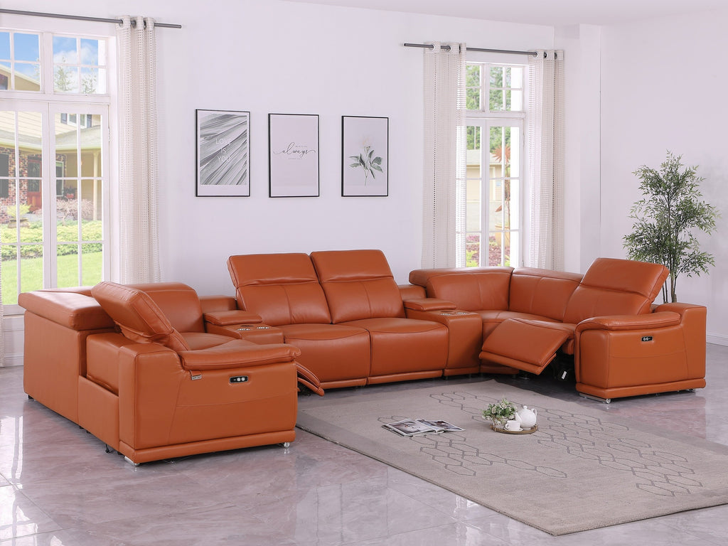 9762 DivanItalia Camel 8-Piece Sectional – Top Grain Italian Leather with 2 Power Recliners and 2 Consoles
