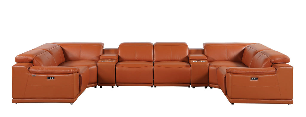 9762 DivanItalia Camel 8-Piece Sectional – Top Grain Italian Leather with 2 Power Recliners and 2 Consoles