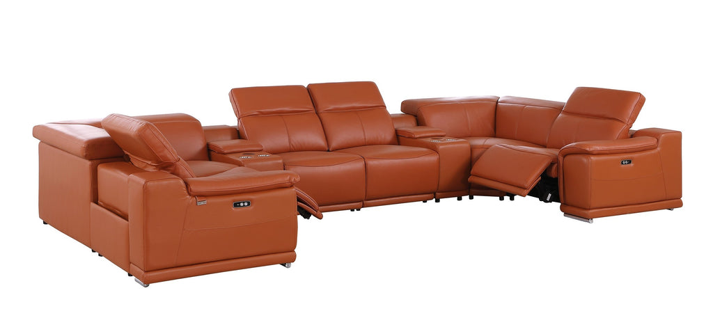 9762 DivanItalia Camel 8-Piece Sectional – Top Grain Italian Leather with 2 Power Recliners and 2 Consoles