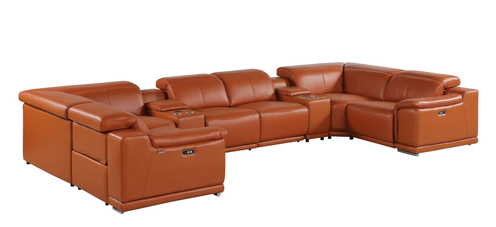 9762 DivanItalia Camel 8-Piece Sectional – Top Grain Italian Leather with 2 Power Recliners and 2 Consoles