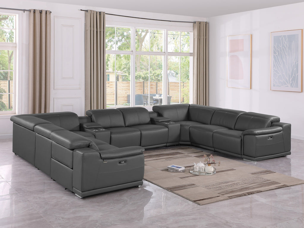 DivaniItalia 9762 Dark Grey 12-Piece Italian Leather Sectional (4 Power Recliners)