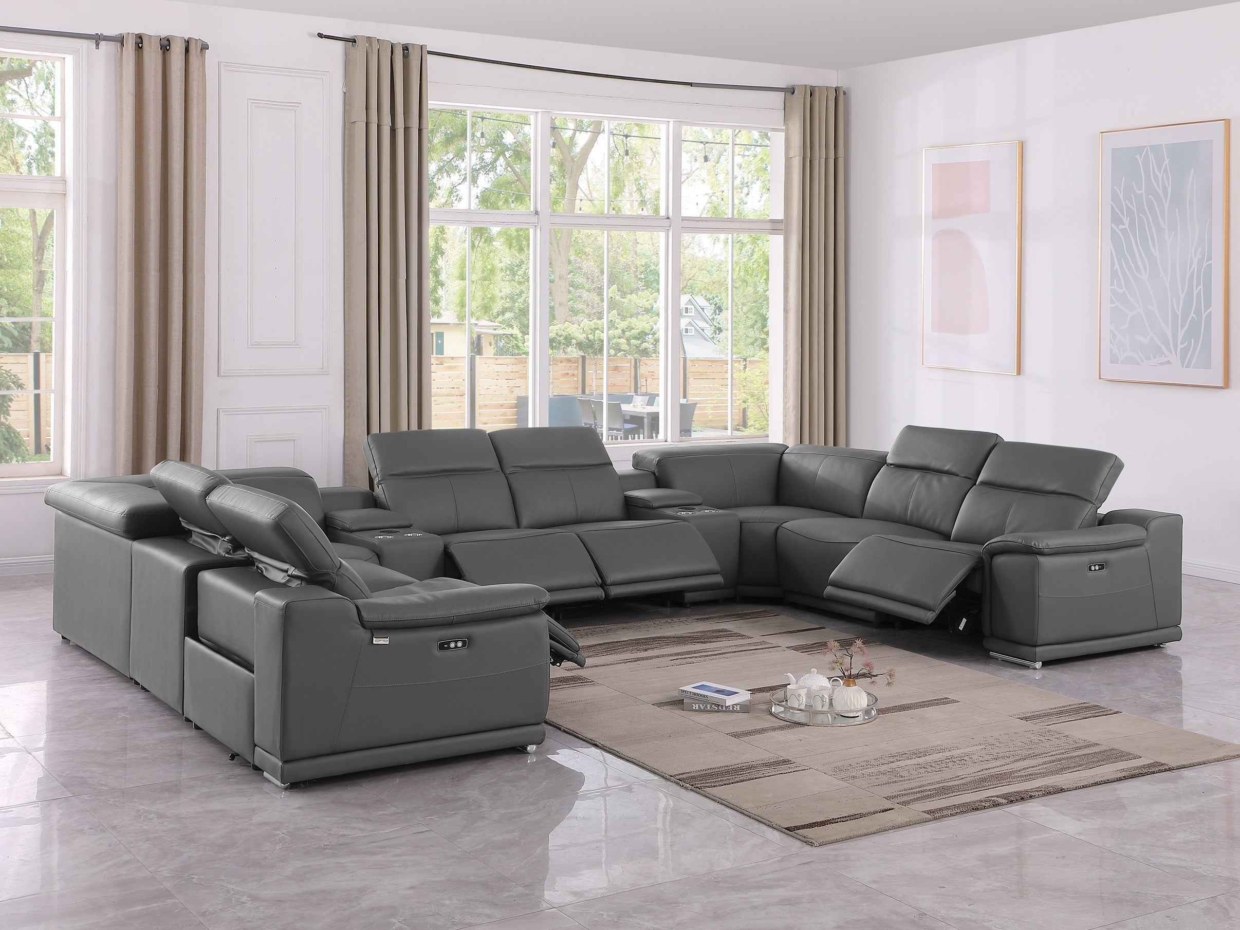 DivaniItalia 9762 Dark Grey 12-Piece Italian Leather Sectional (4 Power Recliners)