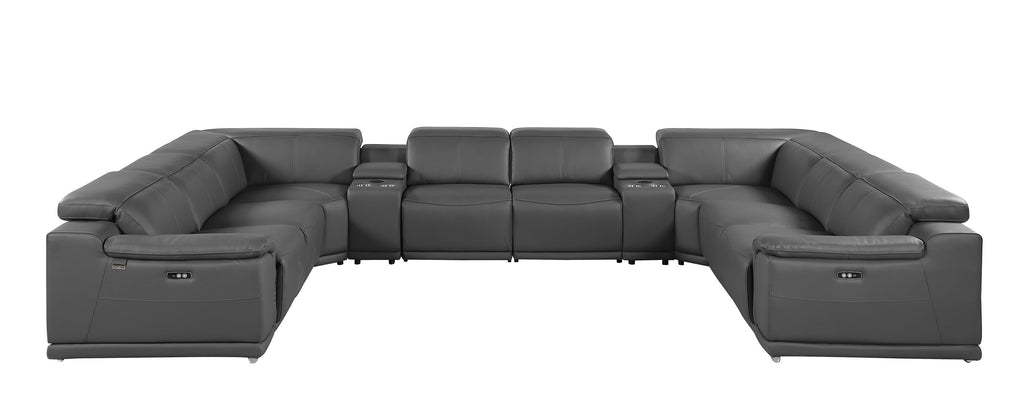 9762 DivanItalia Dark Gray 10-Piece Sectional – Top Grain Italian Leather with 4 Power Recliners and 2 Consoles