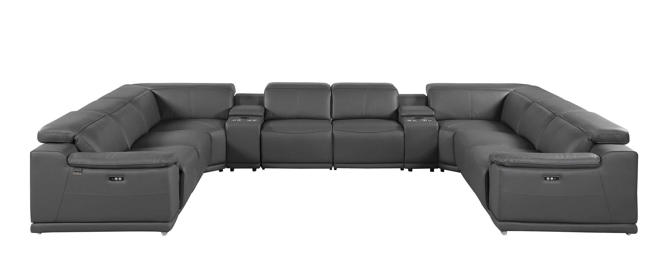9762 DivanItalia Dark Gray 10-Piece Sectional – Top Grain Italian Leather with 4 Power Recliners and 2 Consoles