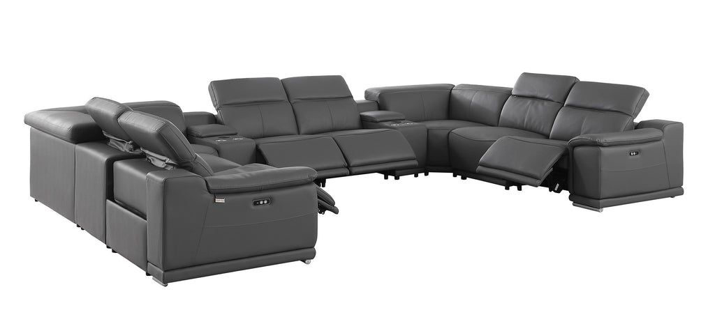 9762 DivanItalia Dark Gray 10-Piece Sectional – Top Grain Italian Leather with 4 Power Recliners and 2 Consoles