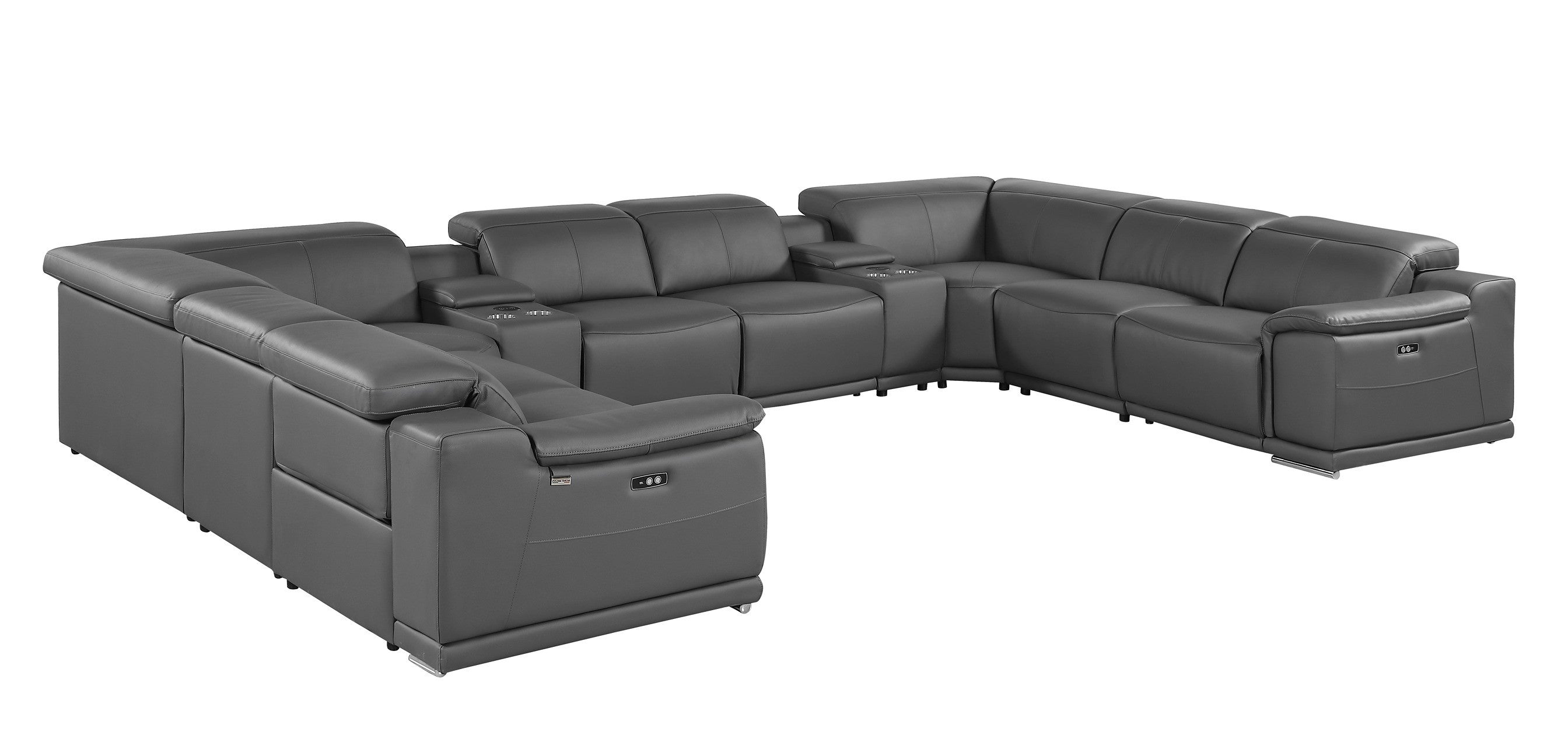 9762 DivanItalia Dark Gray 10-Piece Sectional – Top Grain Italian Leather with 4 Power Recliners and 2 Consoles
