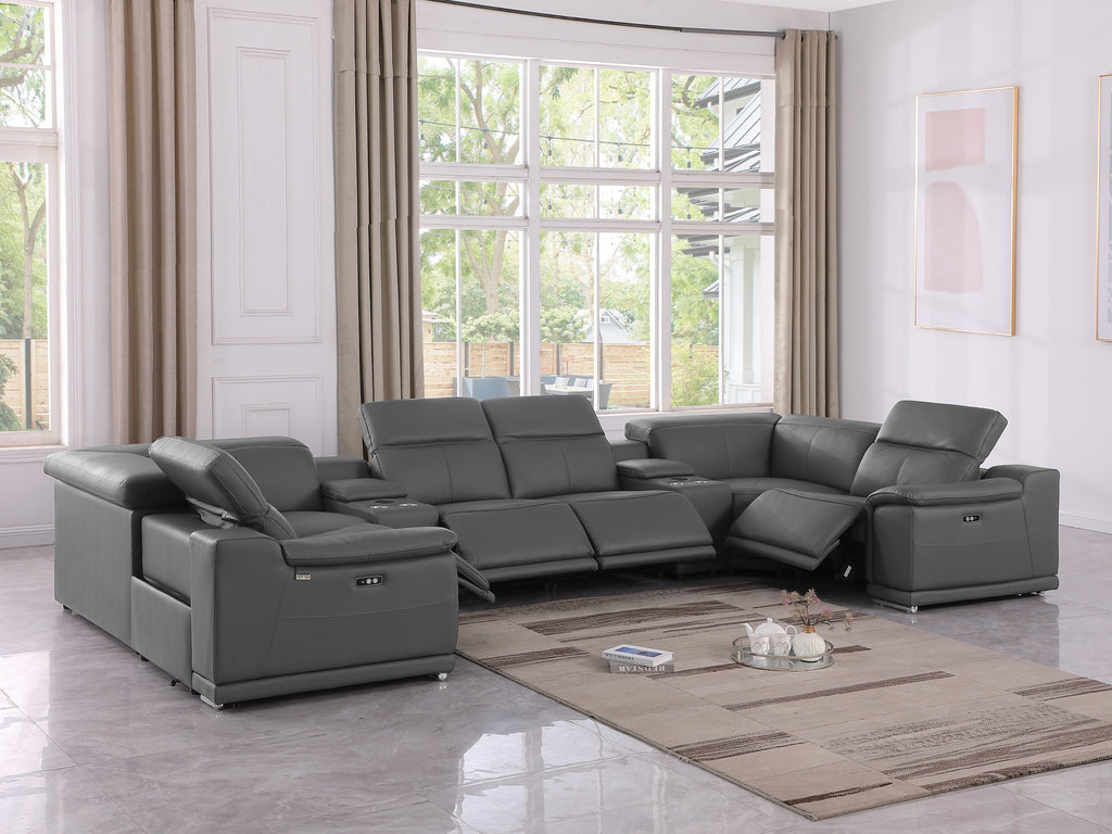 9762 DivanItalia Dark Gray 8-Piece Sectional – Top Grain Italian Leather with 4 Power Recliners and 2 Consoles