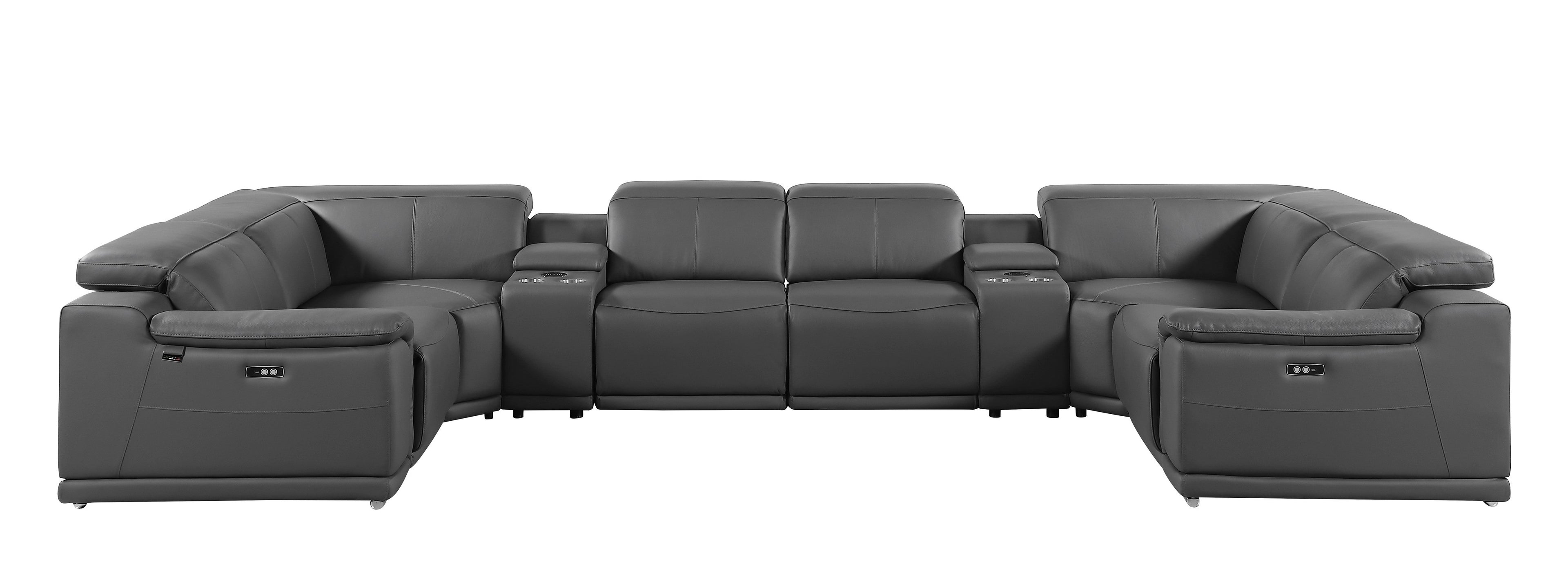 9762 DivanItalia Dark Gray 8-Piece Sectional – Top Grain Italian Leather with 4 Power Recliners and 2 Consoles