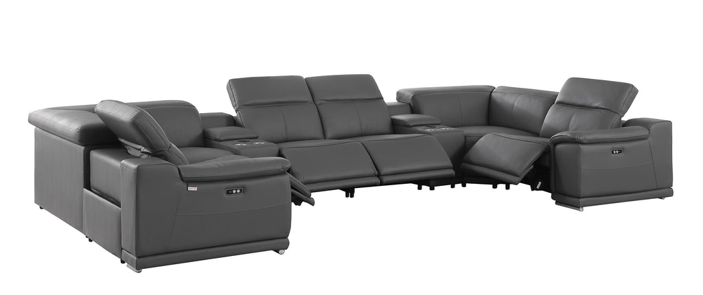 9762 DivanItalia Dark Gray 8-Piece Sectional – Top Grain Italian Leather with 4 Power Recliners and 2 Consoles