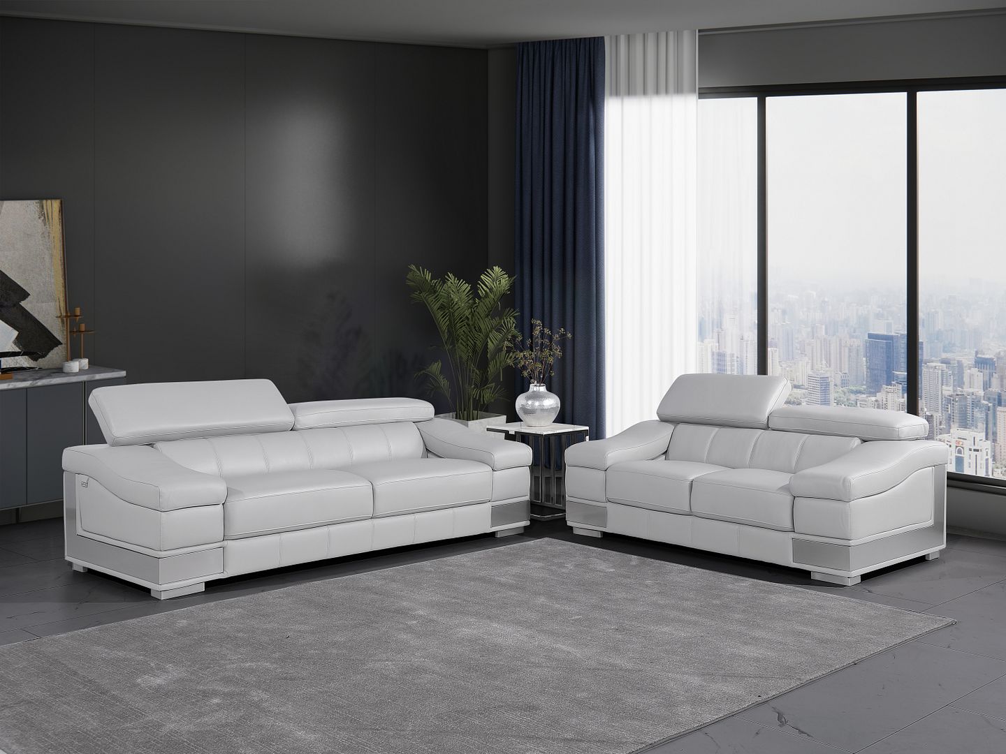 415 Divanitalia 2-Piece Sofa Set with Adjustable Headrest in Top-grain Italian Leather - Light Grey