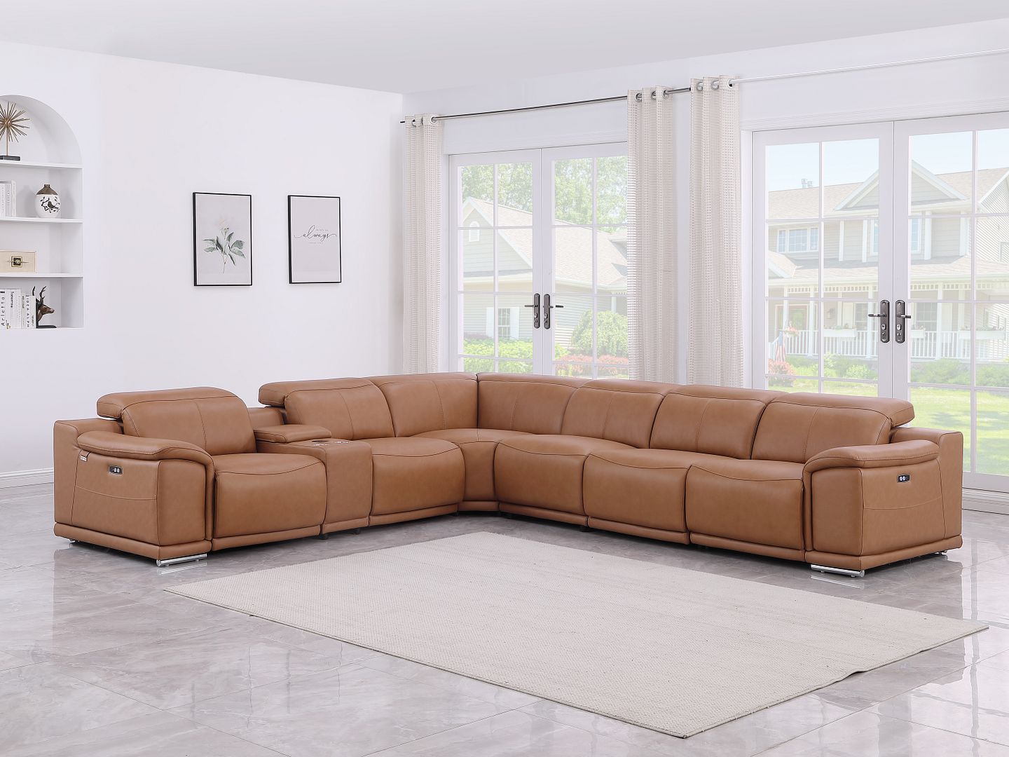 9762 Divanitalia 7-Piece L-Shaped Top Grain Italian Leather Sectional Sofa with 4 Power Recliners - Cognac