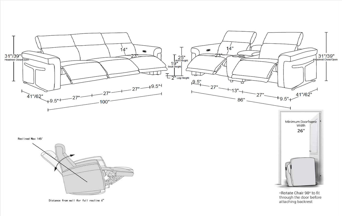 1126 Divanitalia 6-Piece Modular Power Reclining Sofa and Console Loveseat Set in Top Grain Italian Leather with 5 Power Recliners & Power Headrests - White - SKU 1126-WHITE-6.5-HT - view 17
