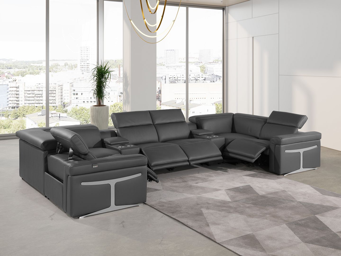 1126 Divanitalia 8-Piece U-Shaped Sectional Sofa in Top Grain Italian Leather with 4 Power Recliners & Power Headrests