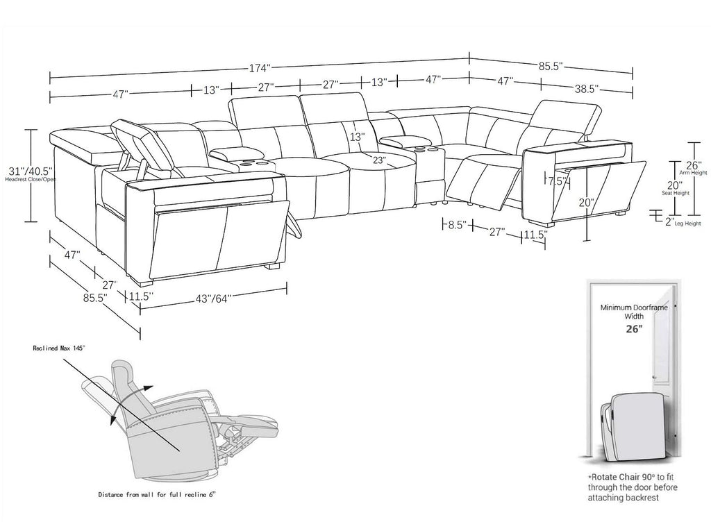 1224 Divanitalia 8-Piece U-Shaped Sectional Sofa in Top Grain Italian Leather with 2 Power Recliners & Power Headrests - Cognac - SKU 1224-COGNAC-8PC-2PWR-U-SECTIONAL - view 17