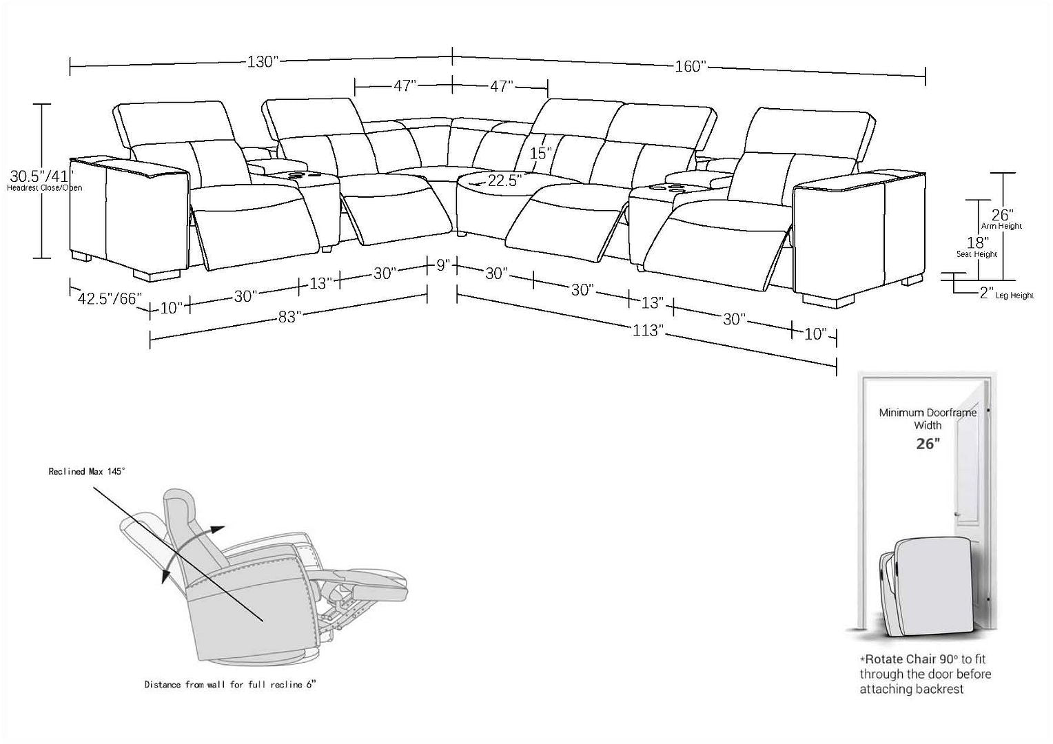 1208 8 Piece L-Shaped Leather Sectional Sofa with 4 Power Recliners & Power Headrests