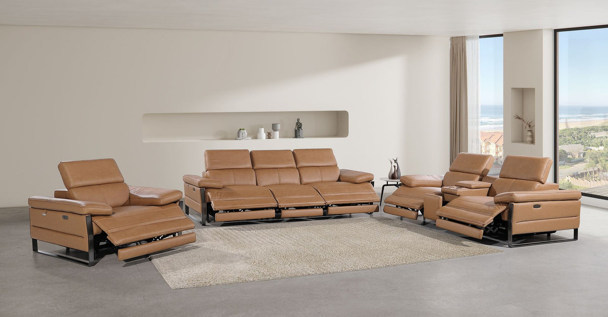 1246 Divanitalia Modular Power Triple Reclining Sofa, Console Loveseat, and Chair Set with Power Headrests - Top Grain Italian Leather - Cognac - SKU 1246-COGNAC-7.6-HT-3PC - view 2