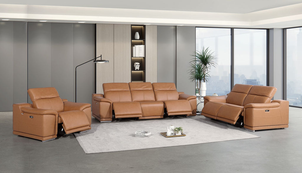 9762 Divanitalia 6-Piece Modular Power Reclining Sofa, Loveseat and Chair Set with 5 Power Recliners in Top Grain Italian Leather - Cognac - SKU 9762-COGNAC-6.5-HT-3PC - view 2