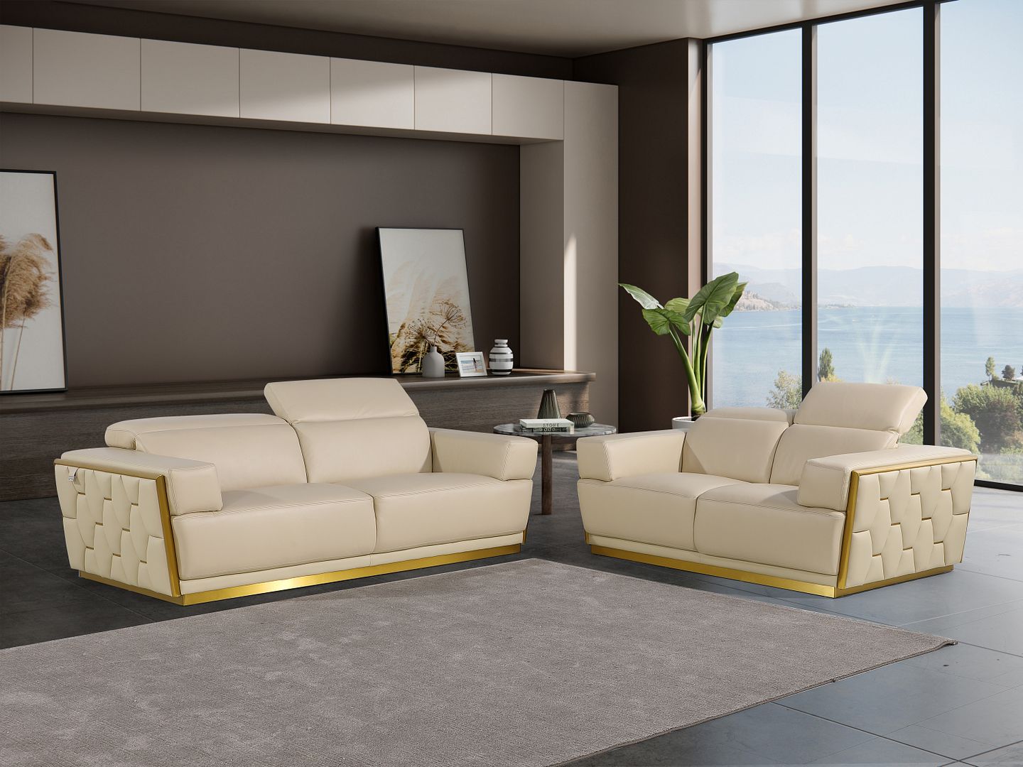 1111 Divanitalia 2-Piece Sofa Set with Adjustable Headrest in Top-grain Italian Leather - Cream