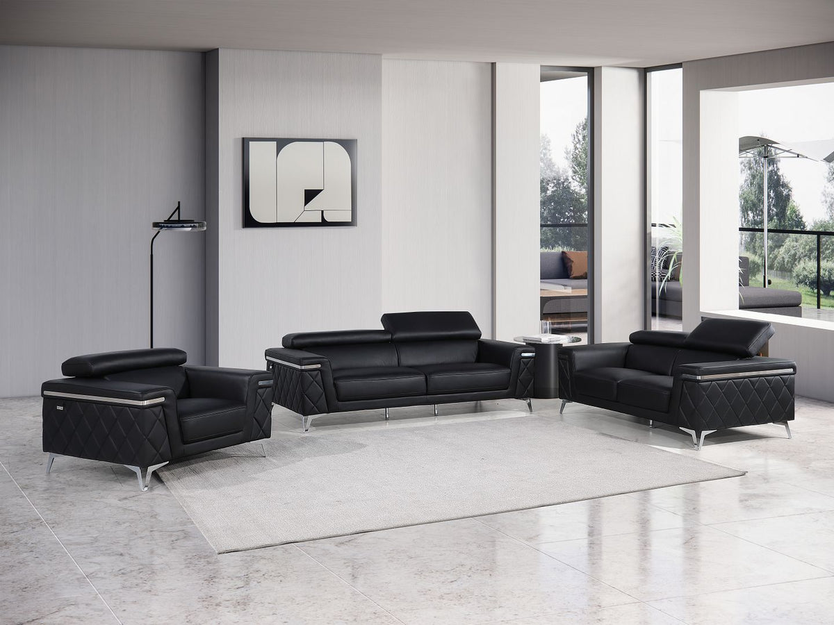 1140 Divanitalia 3-Piece Sofa Set with Adjustable Headrest in Top-grain Italian Leather - Black - SKU 1140-BLACK-3PC