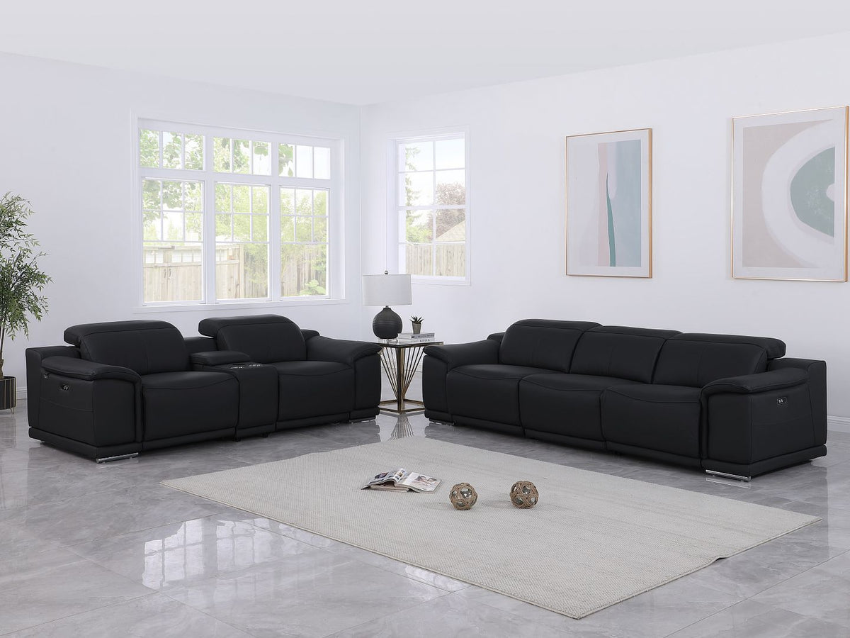 9762 Divanitalia 6-Piece Modular Power Reclining Sofa and Console Loveseat Set with 5 Power Recliners in Top Grain Italian Leather - Black - SKU 9762-BLACK-6.5-HT