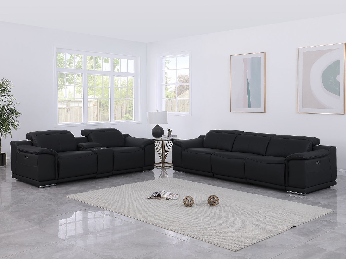 9762 Divanitalia 6-Piece Modular Power Reclining Sofa and Console Loveseat Set with 5 Power Recliners in Top Grain Italian Leather - Black