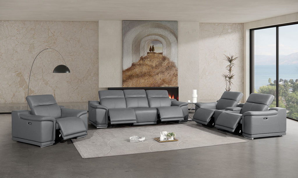 2679 Power Reclining Sofa, Console Loveseat & Chair Set in Genuine Leather - 5 Recliners - Dark Grey - SKU 2679-DK-GRAY-7.5-HT-3PC - view 2