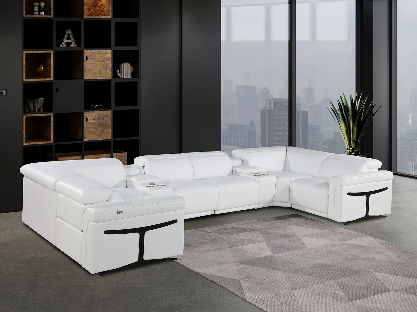 1126 Divanitalia 8-Piece U-Shaped Sectional Sofa in Top Grain Italian Leather with 2 Power Recliners & Power Headrests - White