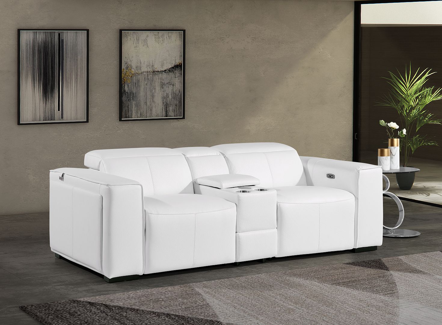 1224 Divanitalia 3-Piece Modular Power Reclining Loveseat in Top Grain Italian Leather with 2 Power Recliners & Power Headrests - White