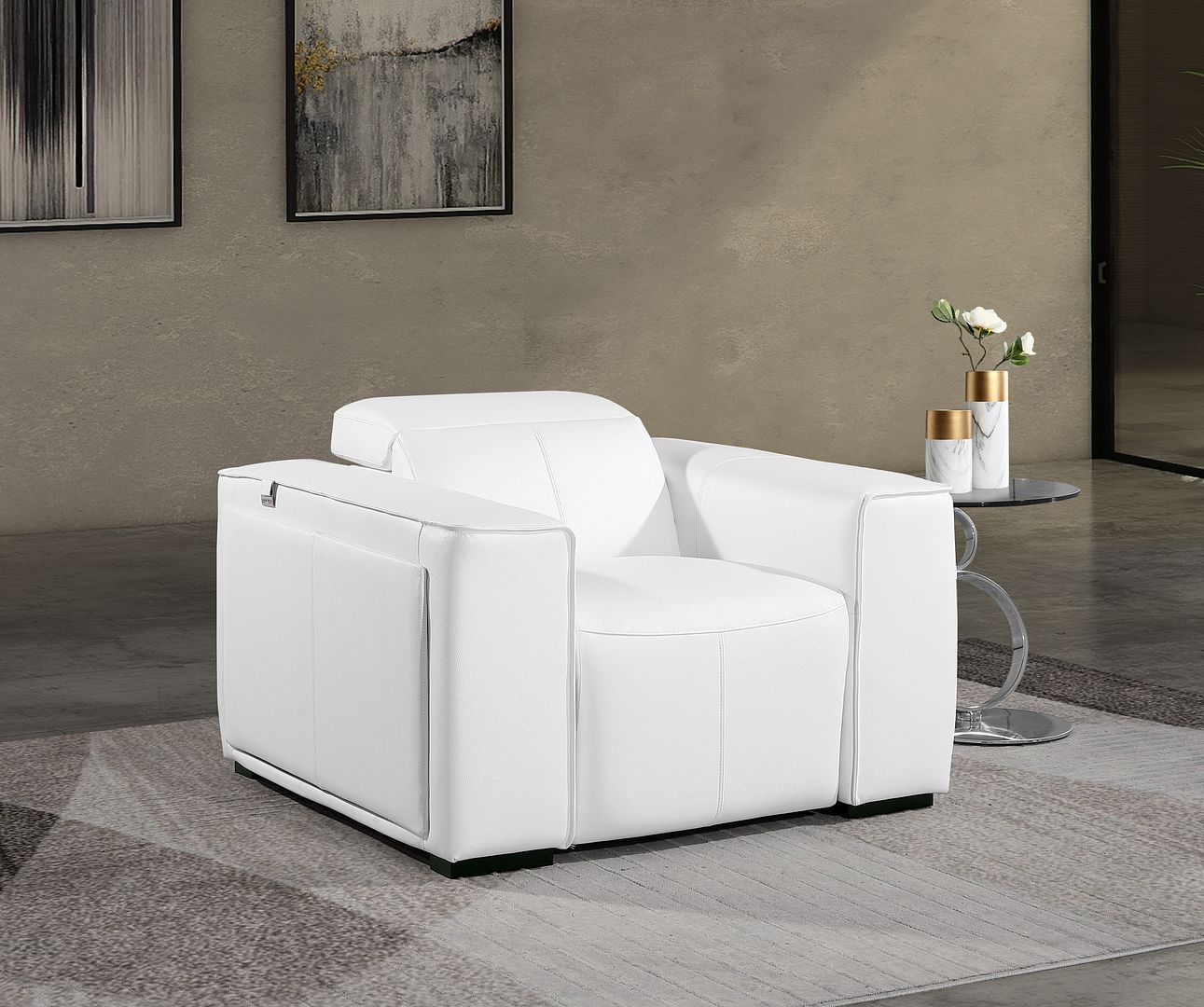 1126 Divanitalia Top Grain Italian Leather Power Reclining Chair with Power Headrests - White