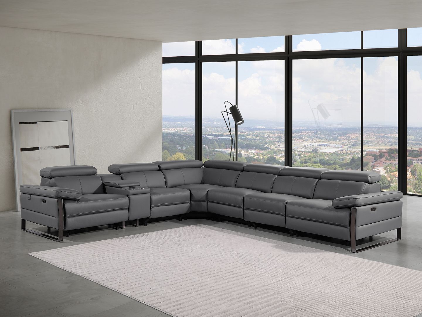 1246 Divanitalia 7-Piece L-Shaped Modular Power Reclining Sectional Sofa with 4 Power Recliners and Power Headrests - Top Grain Italian Leather - Dark Grey
