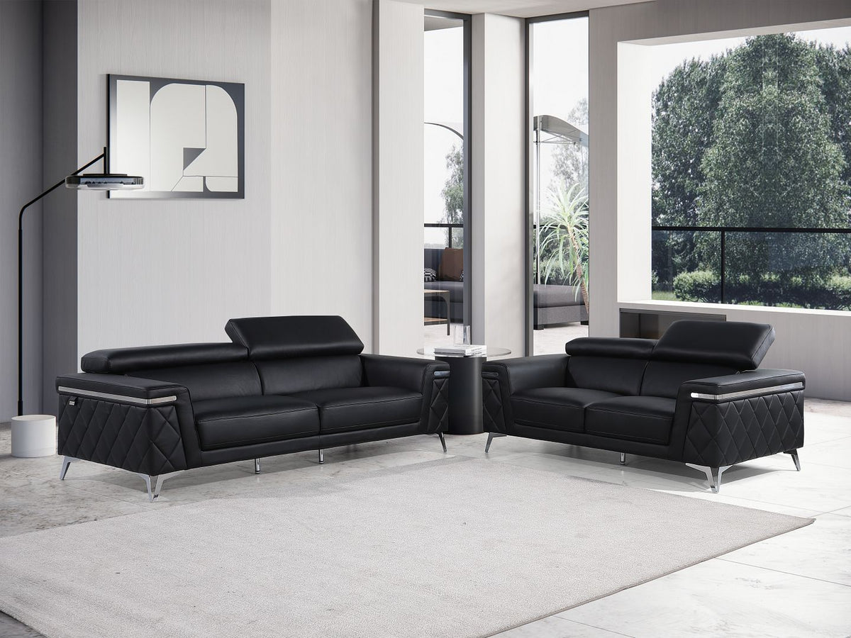 1140 Divanitalia 2-Piece Sofa Set with Adjustable Headrest in Top-grain Italian Leather - Black - SKU 1140-BLACK-2PC