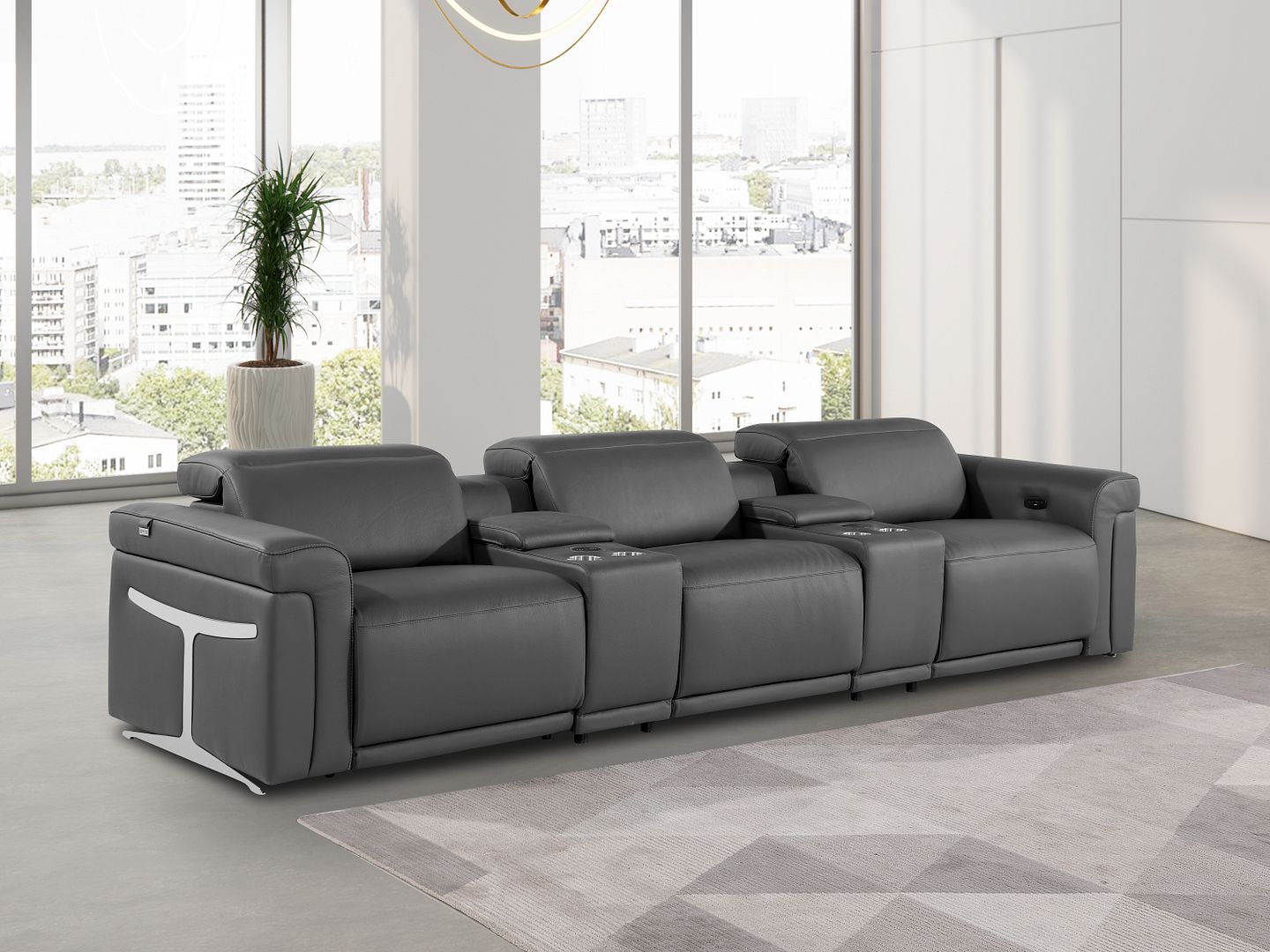 1126 Divanitalia 5-Piece Modular Power Reclining Sofa in Top Grain Italian Leather with 3 Power Recliners & Power Headrests - Dark Grey