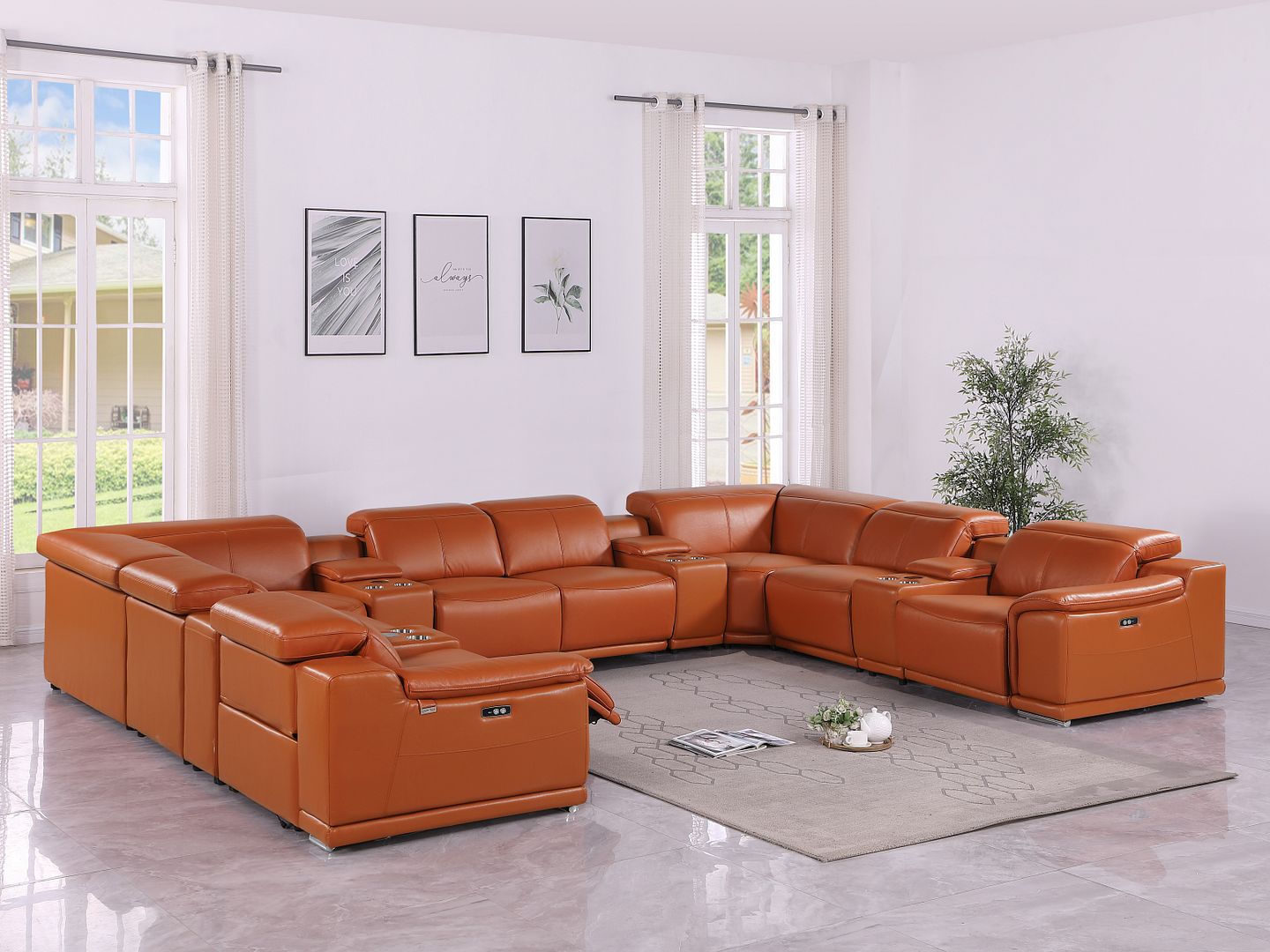 9762 Divanitalia 12-Piece U-Shaped Top Grain Italian Leather Sectional Sofa with 4 Power Recliners - Camel