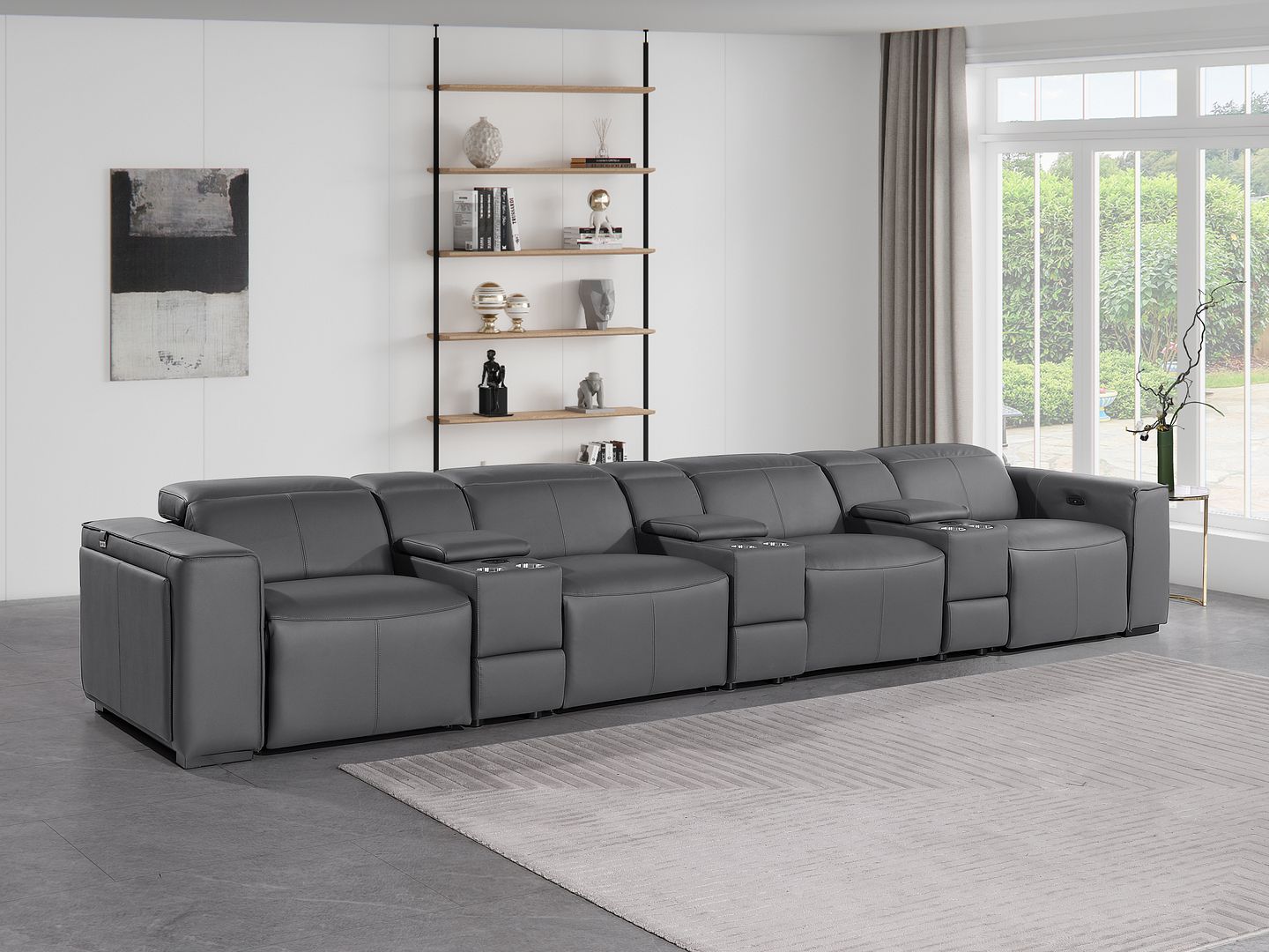 1224 Divanitalia 7-Piece Modular Power Reclining Sofa in Top Grain Italian Leather with 4 Power Recliners & Power Headrests - Dark Grey