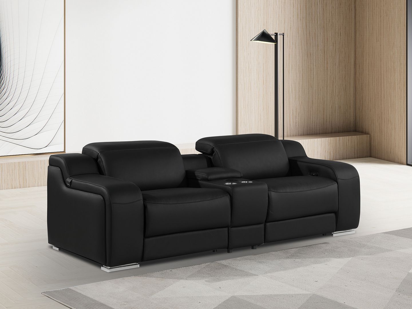 1116 Divanitalia 3-Piece Modular Power Reclining Console Loveseat in Top Grain Italian Leather with 2 Power Recliners & Power Headrests - Black