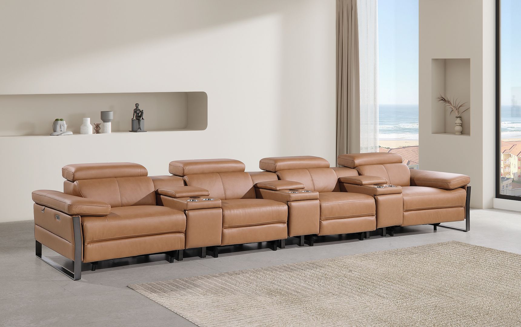 1246 Divanitalia Modular Power Triple Reclining Triple Console Sofa with Power Reclining Headrests - Top Grain Italian Leather - Cognac
