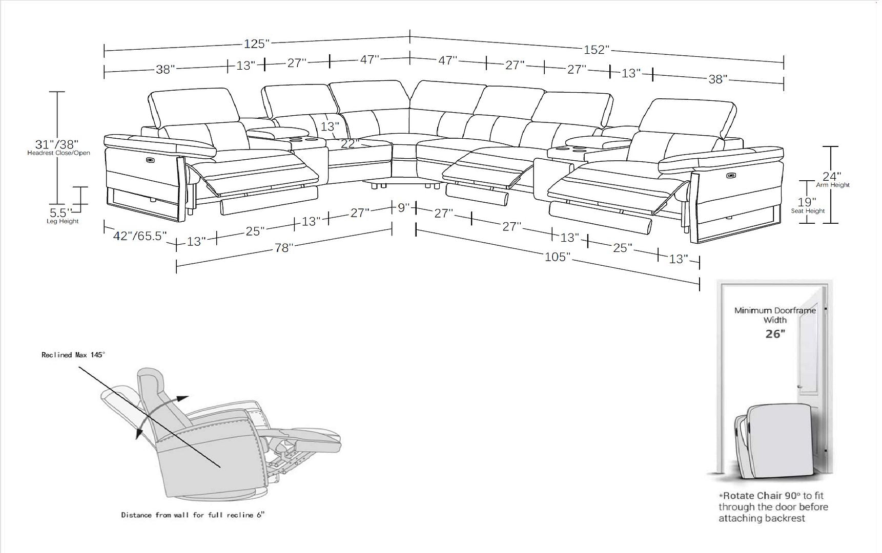 1246 Divanitalia 8-Piece L-Shaped Modular Power Reclining Sectional Sofa with 3 Power Recliners and Power Headrests - Top Grain Italian Leather