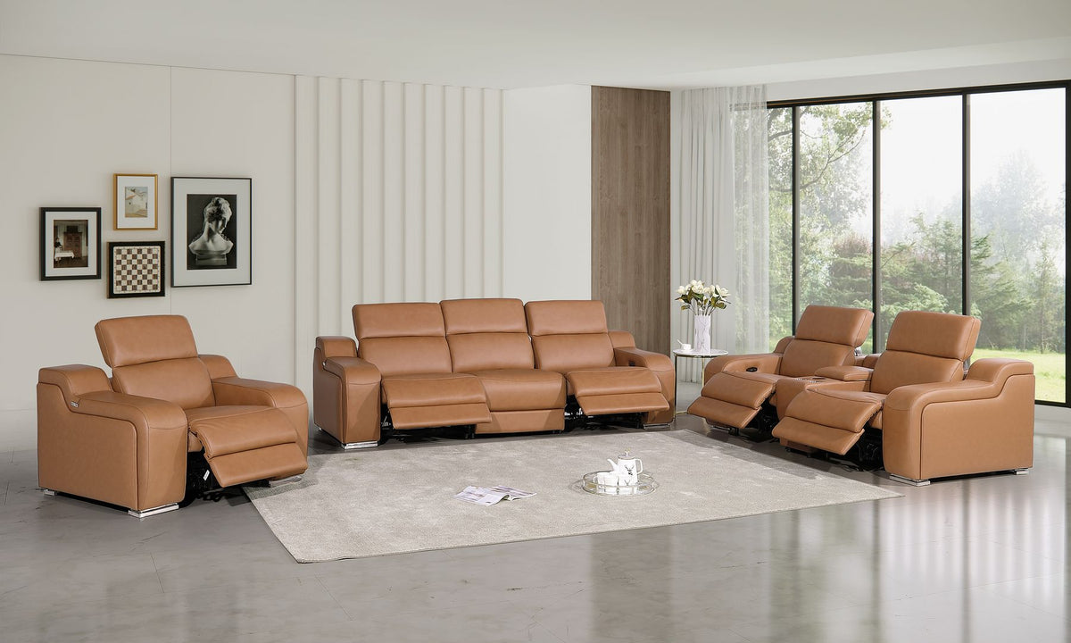 1116 Divanitalia 7-Piece Modular Power Reclining Sofa, Loveseat & Chair Set in Top Grain Italian Leather with 5 Power Recliners & Power Headrests - Cognac - SKU 1116-COGNAC-7.5-HT-3PC - view 2
