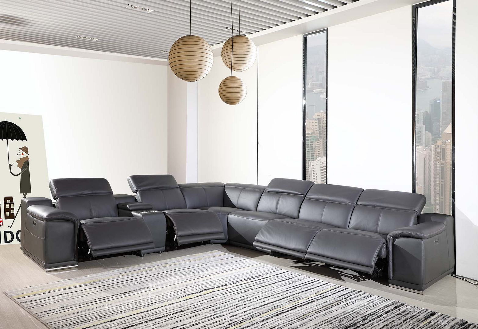 9762 Divanitalia 7-Piece L-Shaped Top Grain Italian Leather Sectional Sofa with 4 Power Recliners - Dark Grey