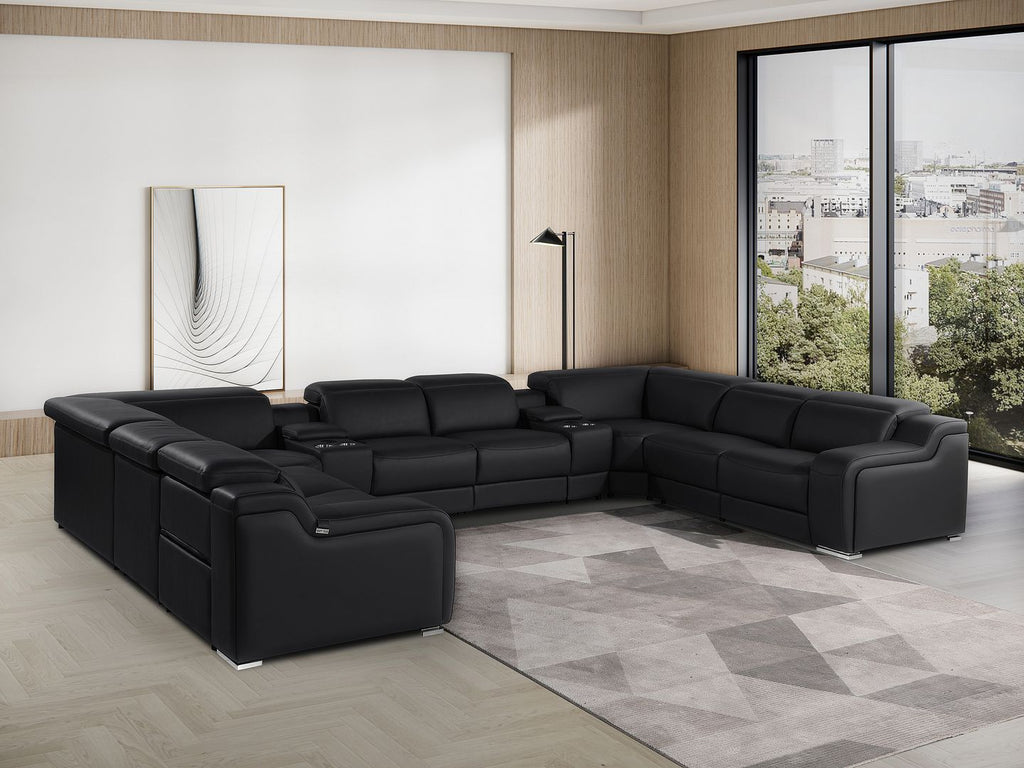 1116 Divanitalia 10-Piece U-Shaped Sectional Sofa in Top Grain Italian Leather with 4 Power Recliners & Power Headrests - Black