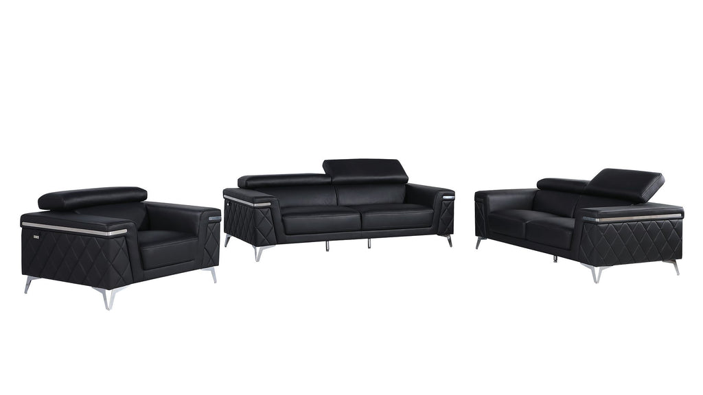 1140 Divanitalia 3-Piece Sofa Set with Adjustable Headrest in Top-grain Italian Leather - Black - SKU 1140-BLACK-3PC - view 2
