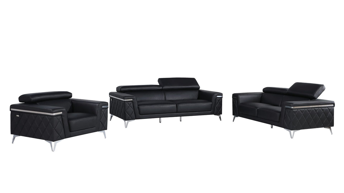 1140 Divanitalia 3-Piece Sofa Set with Adjustable Headrest in Top-grain Italian Leather - Black - SKU 1140-BLACK-3PC - view 2