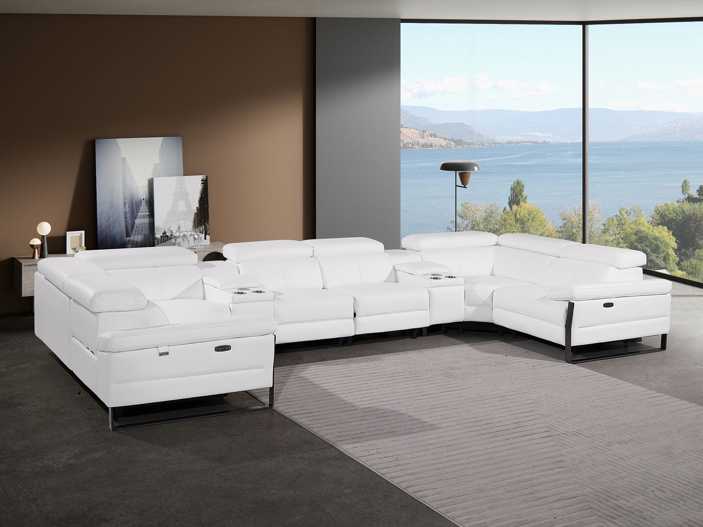 1246 Divanitalia 8-Piece U-Shaped Modular Power Reclining Sectional Sofa with 2 Power Recliners and Power Headrests - Top Grain Italian Leather - Black