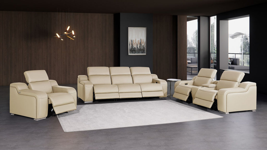 1116 Divanitalia 7-Piece Modular Power Reclining Sofa, Loveseat & Chair Set in Top Grain Italian Leather with 6 Power Recliners & Power Headrests - Beige - SKU 1116-BEIGE-7.6-HT-3PC - view 2