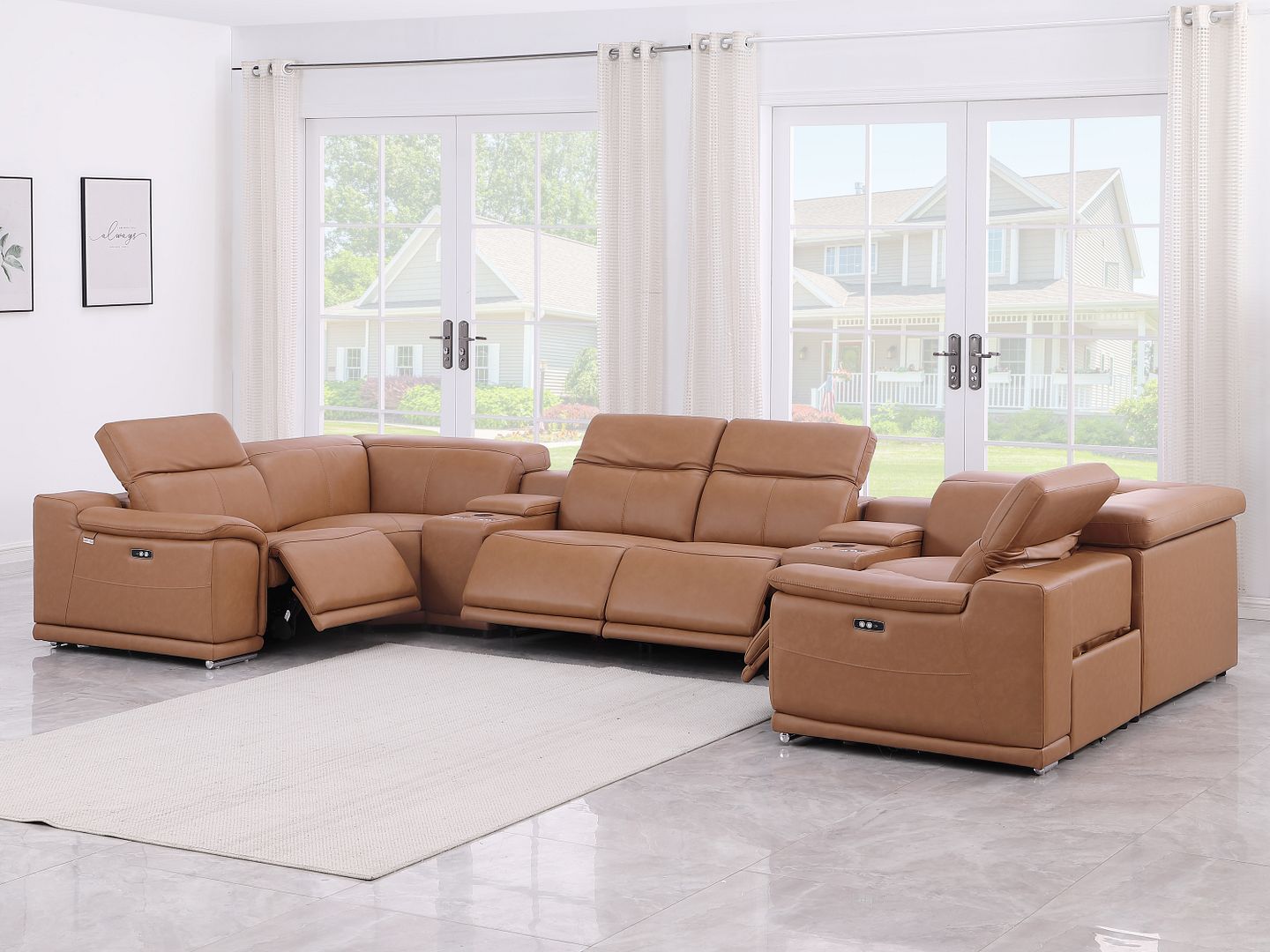 9762 Divanitalia 8-Piece U-Shaped Top Grain Italian Leather Sectional Sofa with 4 Power Recliners