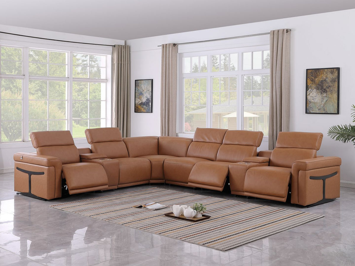 1126 Divanitalia 8-Piece L-Shaped Sectional Sofa in Top Grain Italian Leather with 3 Power Recliners & Power Headrests - Cognac - SKU 1126-COGNAC-SEC-8PC-3PWR-SECTIONAL-GROUP - view 2