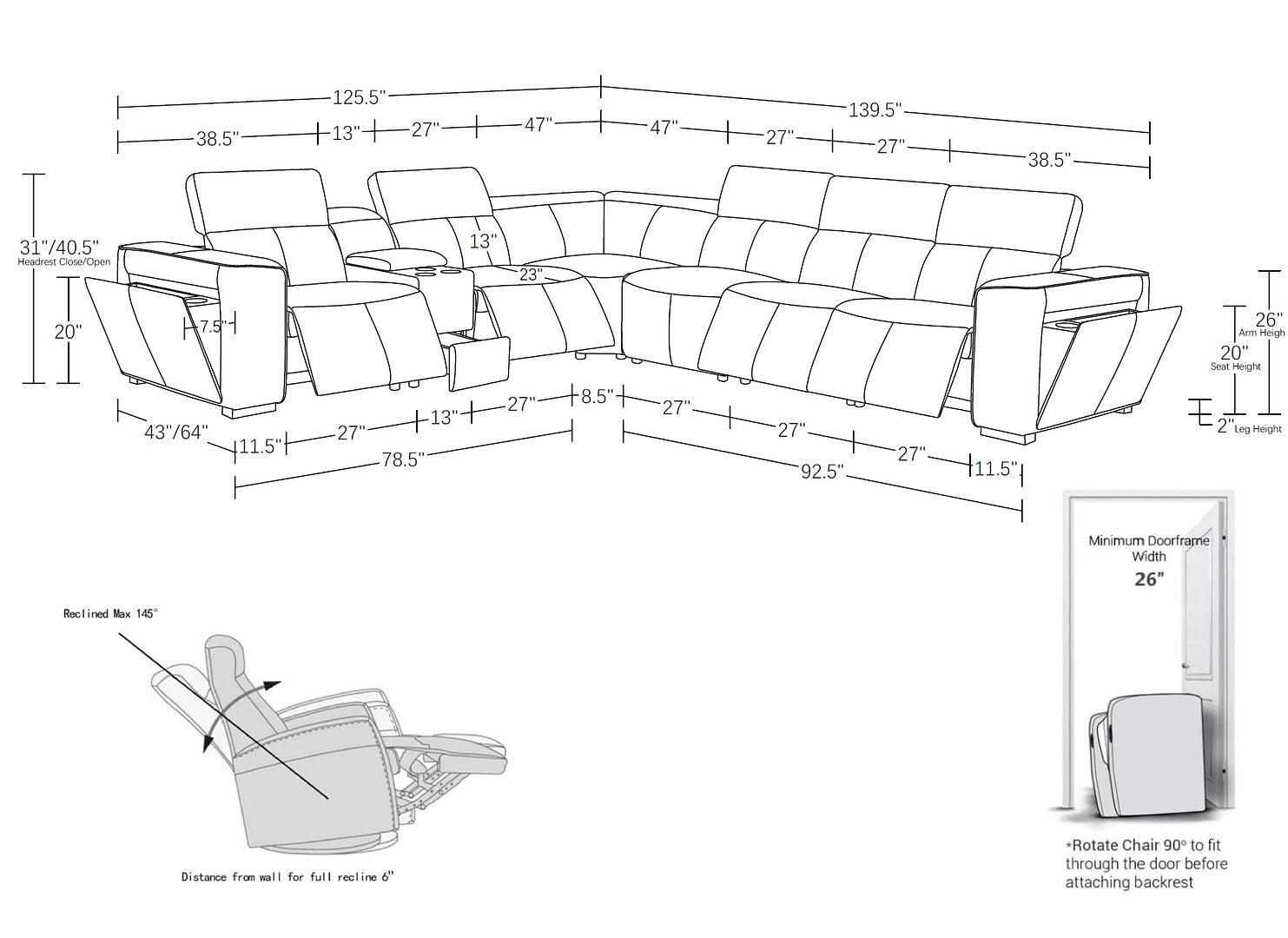 1224 Divanitalia 7-Piece L-Shaped Sectional Sofa in Top Grain Italian Leather with 4 Power Recliners & Power Headrests
