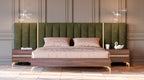 Eastern King Calabria Modern Walnut & Green Velvet Bed & Nightstands