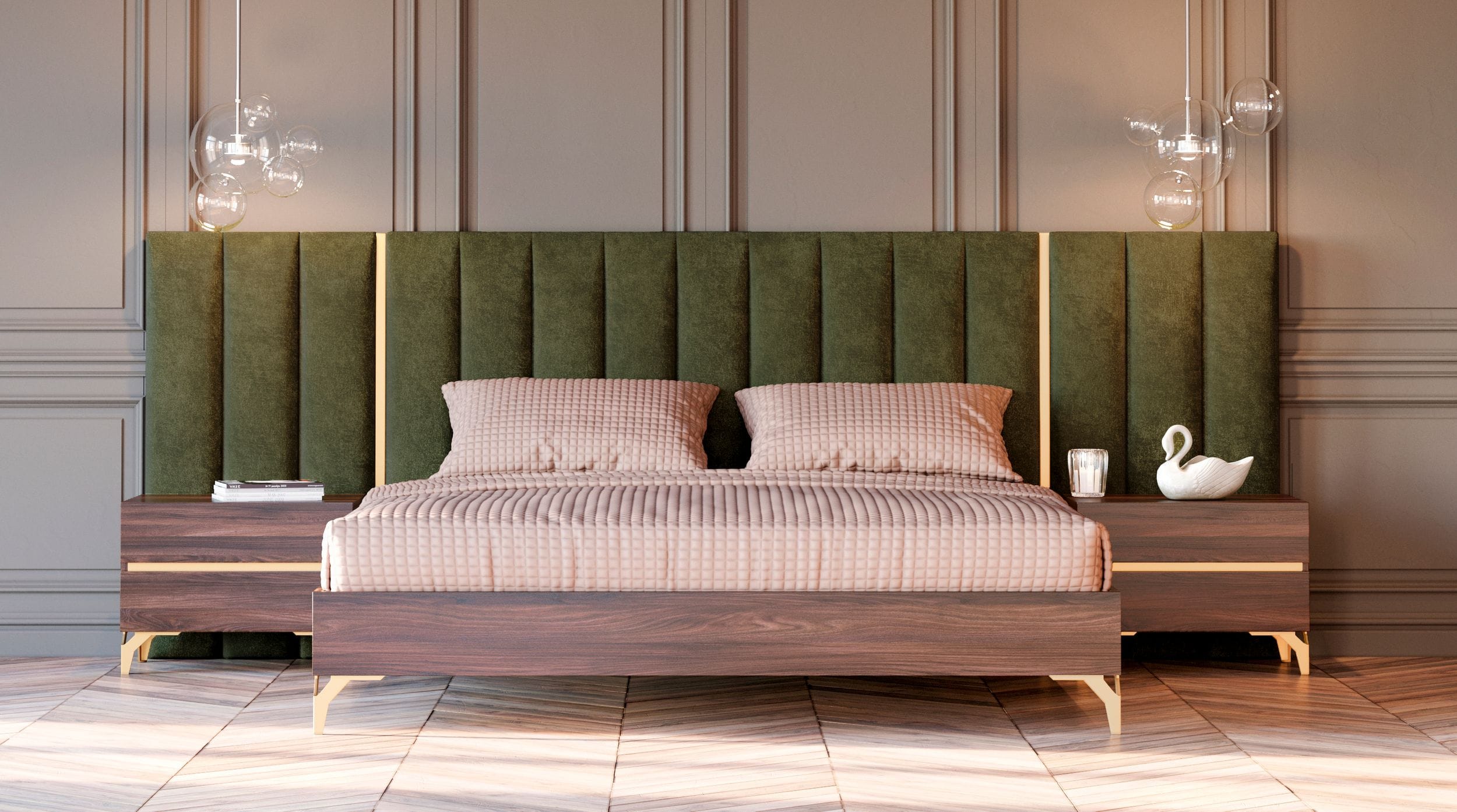 Eastern King Calabria Modern Walnut & Green Velvet Bed & Nightstands