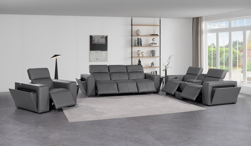 1224 Divanitalia 7-Piece Modular Power Reclining Sofa, Loveseat & Chair Set in Top Grain Italian Leather with 6 Power Recliners & Power Headrests - Dark Grey - SKU 1224-DK-GREY-7.6-HT-3PC - view 2